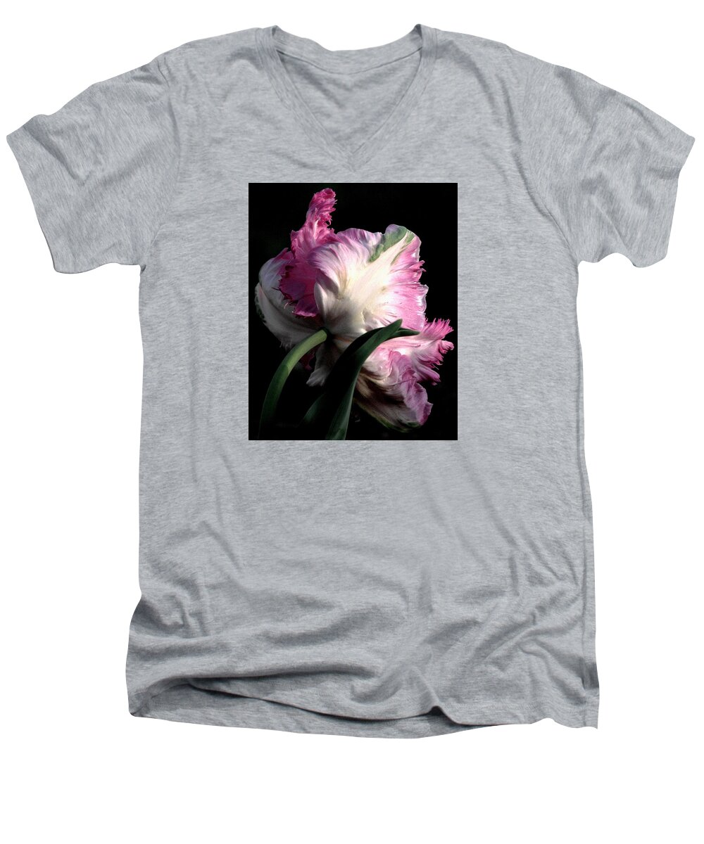 Pink Parrot Tulips Men's V-Neck T-Shirt featuring the photograph The Parrot Tulip Queen Of Spring by Angela Davies