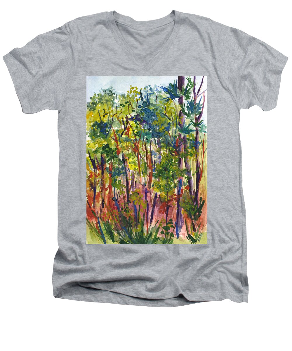 Pine Trees Men's V-Neck T-Shirt featuring the painting The pines by Clara Sue Beym