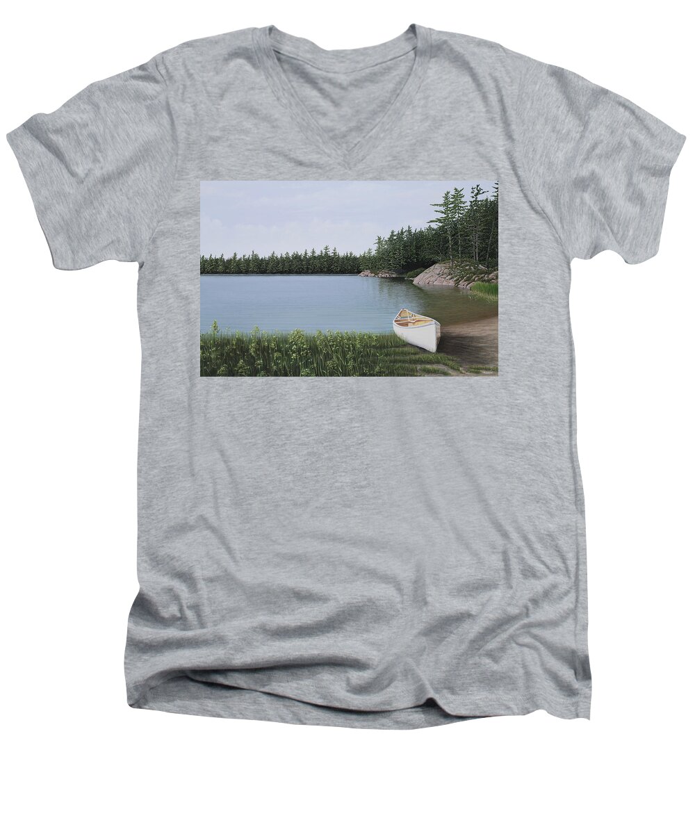 Canoe Men's V-Neck T-Shirt featuring the painting The Portage by Kenneth M Kirsch