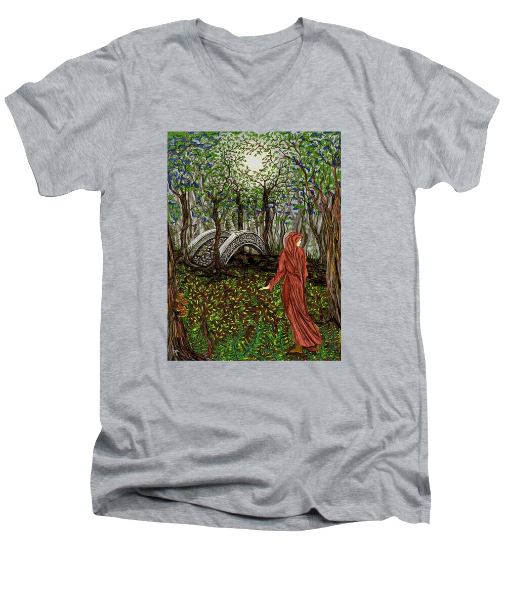 Bridge Men's V-Neck T-Shirt featuring the drawing The Priestess of Ealon by FT McKinstry