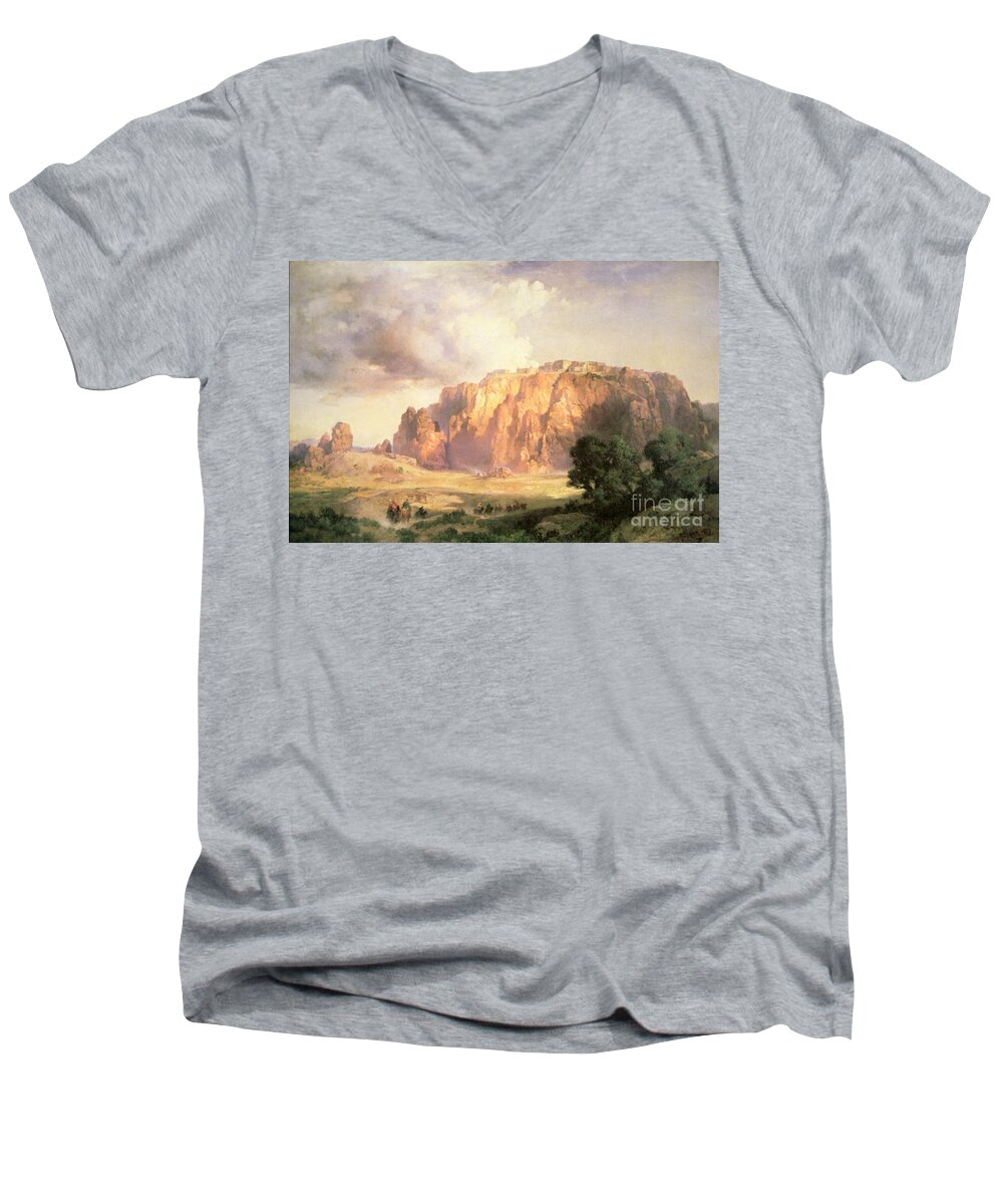 The Pueblo Of Acoma Men's V-Neck T-Shirt featuring the painting The Pueblo of Acoma in New Mexico by Thomas Moran