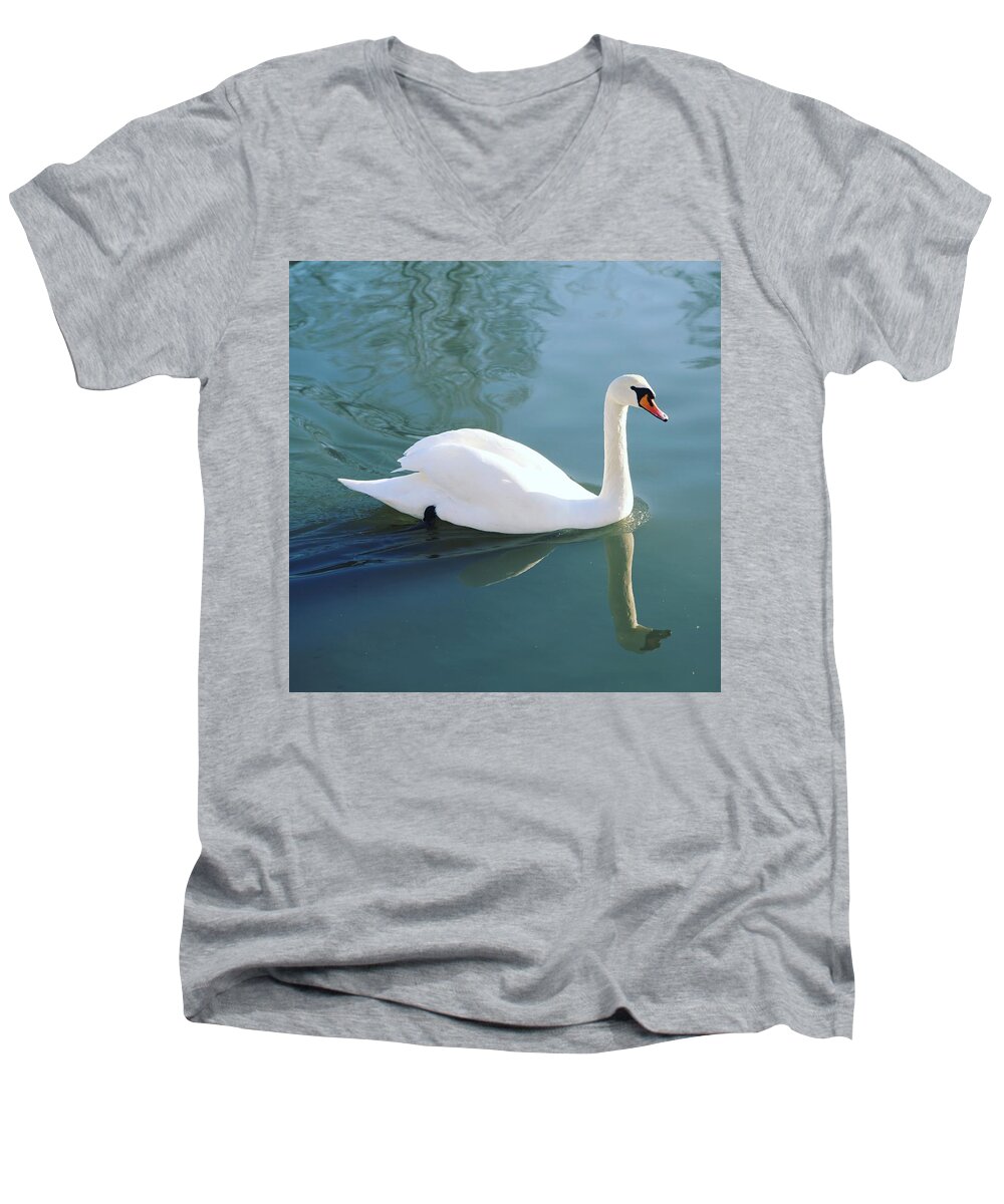 Bird Swan Wildlife Waterfront Water Reflection Outdoors Nature Landscape Norway Scandinavia Europe Outdoors Men's V-Neck T-Shirt featuring the digital art The Reflection of a Swan by Jeanette Rode Dybdahl