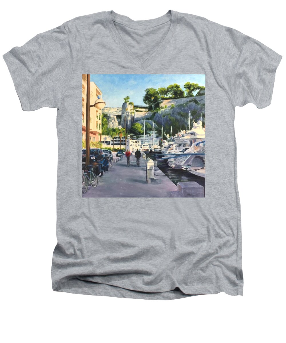 Monaco Men's V-Neck T-Shirt featuring the painting The Rock Ahead by Connie Schaertl