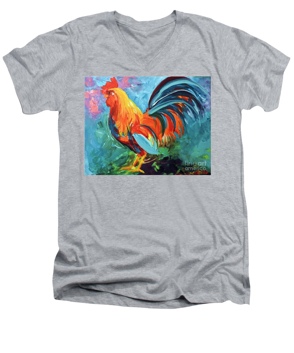 Rooster Men's V-Neck T-Shirt featuring the painting THE Rooster by Tom Riggs