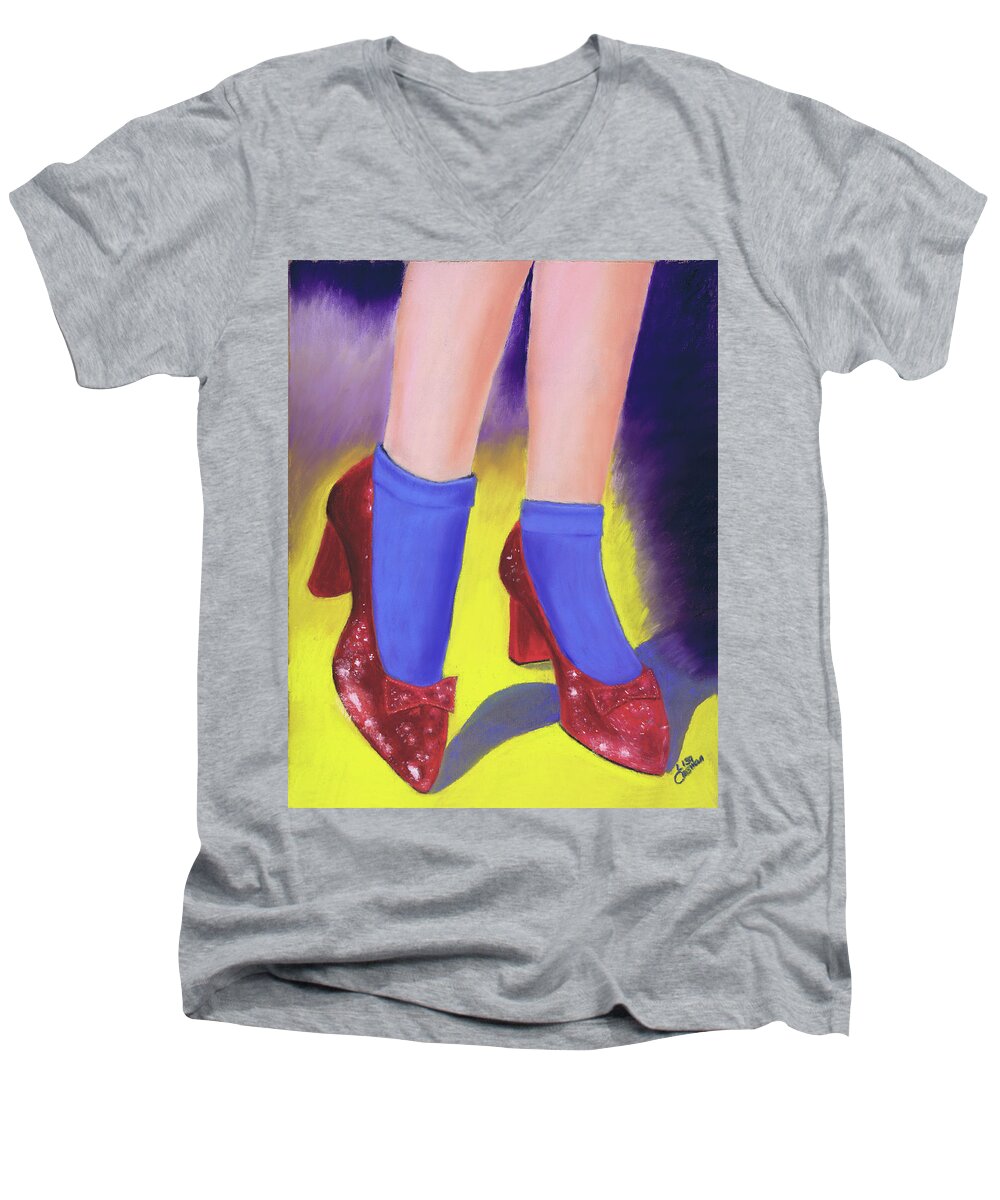 Wizard Of Oz Men's V-Neck T-Shirt featuring the painting The Ruby Slippers by Lisa Crisman
