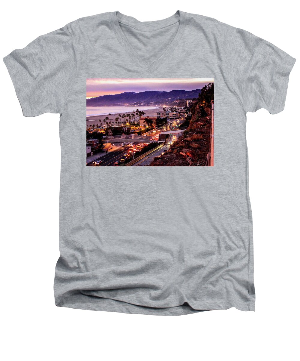 Sunset Santa Monica Bay Men's V-Neck T-Shirt featuring the photograph The Slow Drive Home by Gene Parks