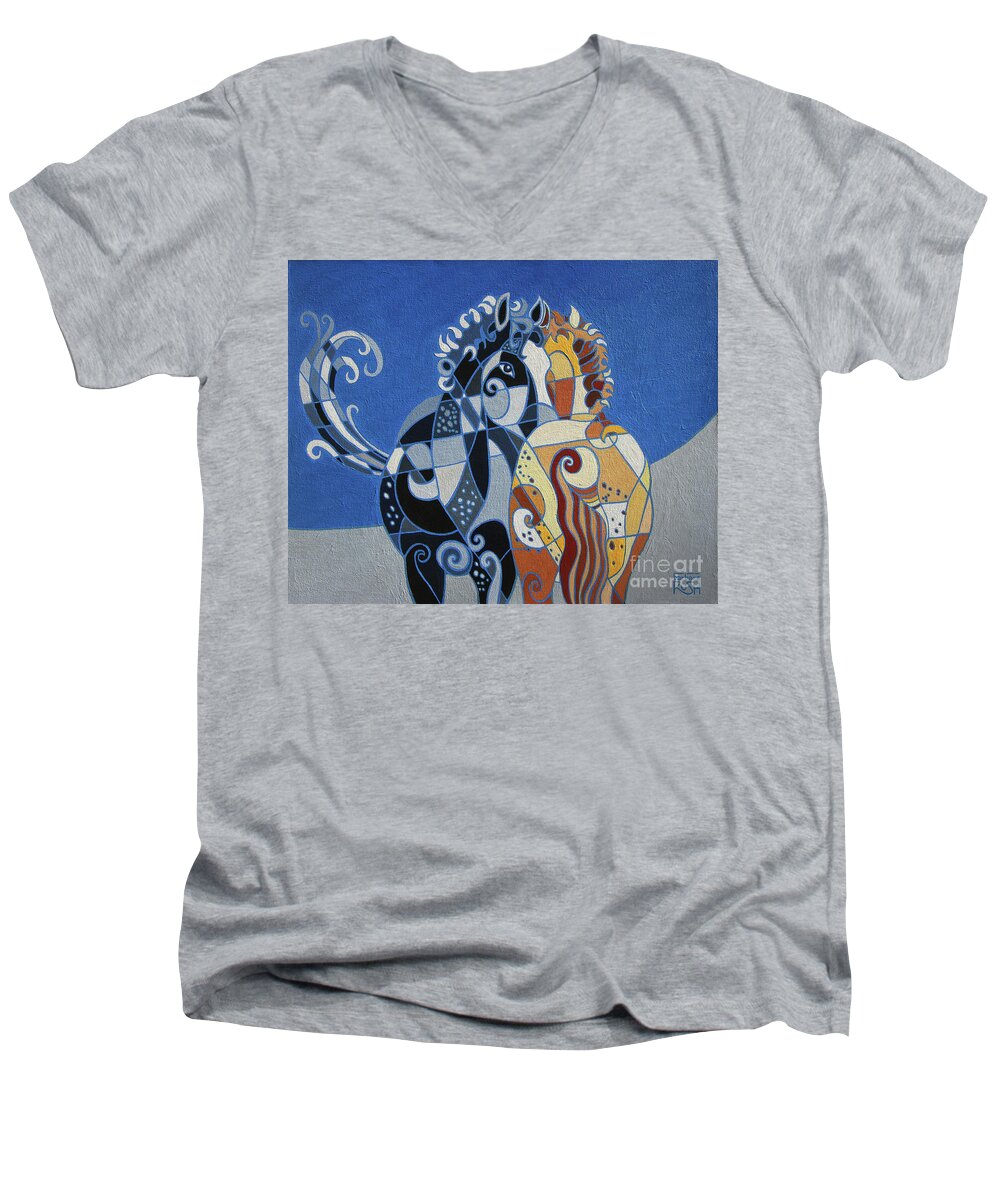 Horse Men's V-Neck T-Shirt featuring the painting The Tao of Friendship by Barbara Rush