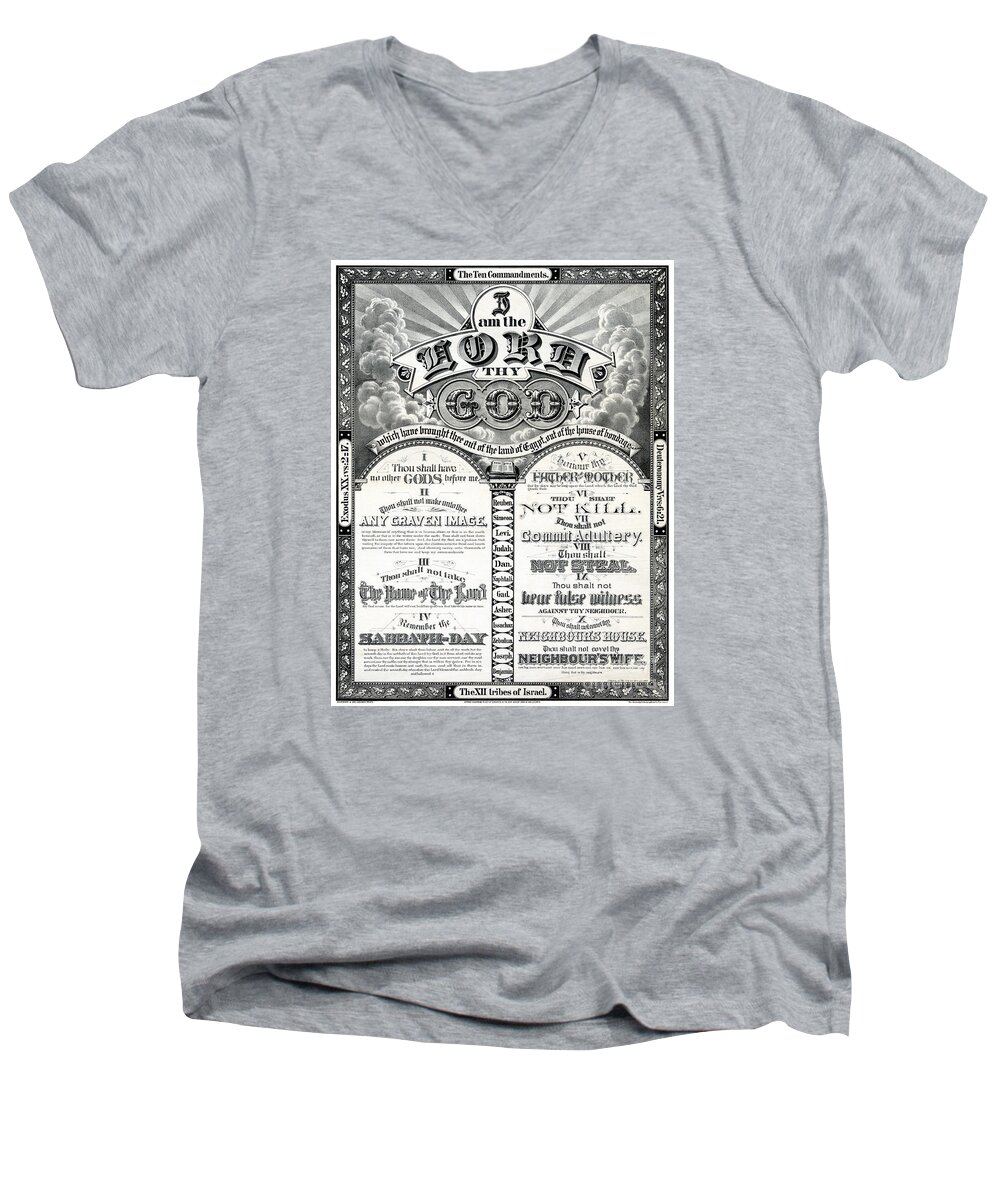 Christian Men's V-Neck T-Shirt featuring the drawing The Ten Commandments 1876 Vintage Poster Restored by Vintage Treasure
