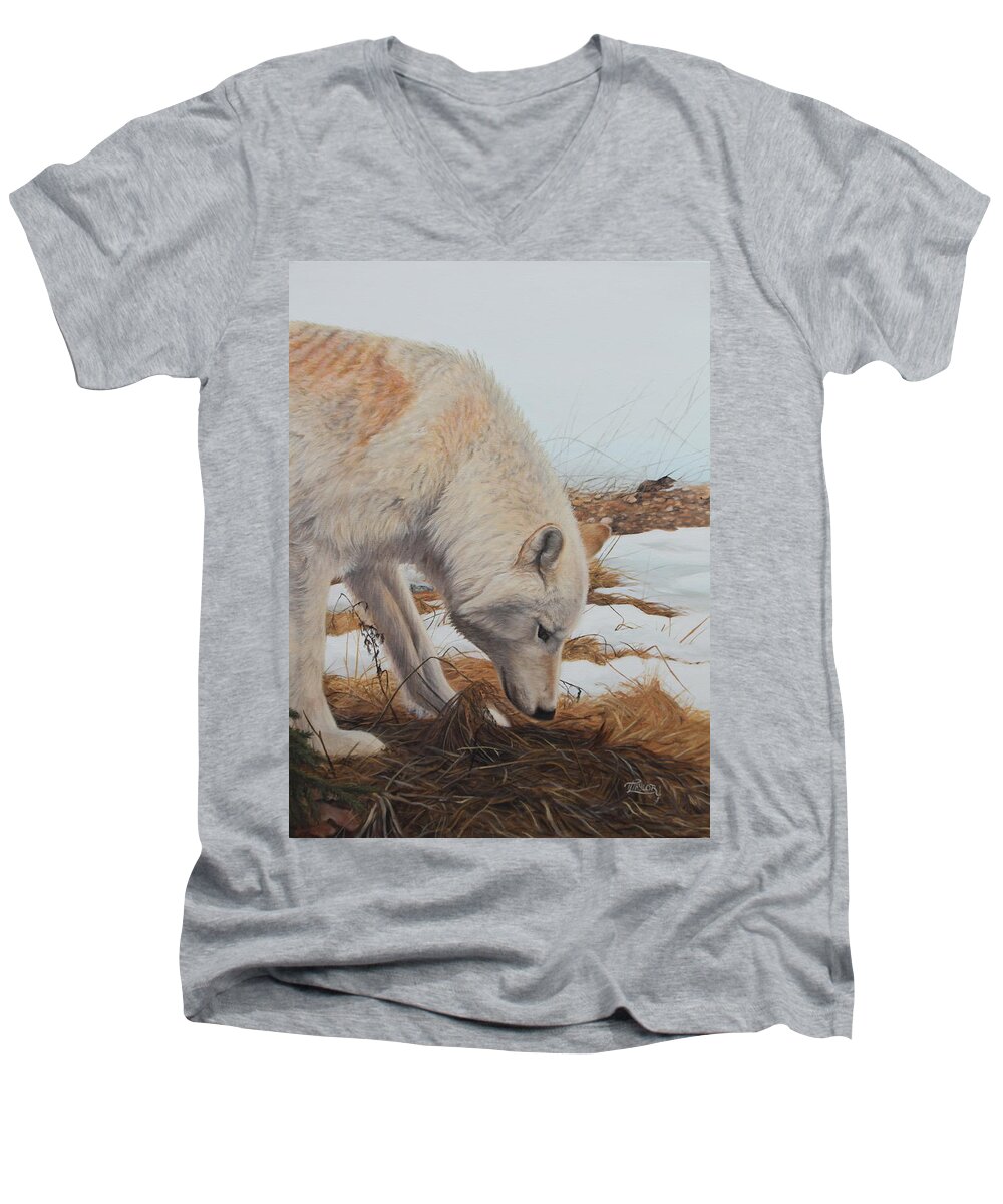 Wolf Men's V-Neck T-Shirt featuring the painting The Tracker by Tammy Taylor
