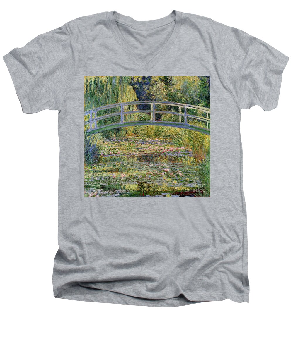 #faatoppicks Men's V-Neck T-Shirt featuring the painting The Waterlily Pond with the Japanese Bridge by Claude Monet