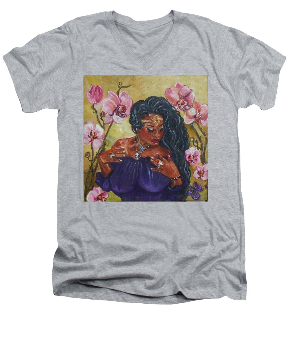 Magic Men's V-Neck T-Shirt featuring the painting The Witch - Orchid's Whisper by Yesi Casanova