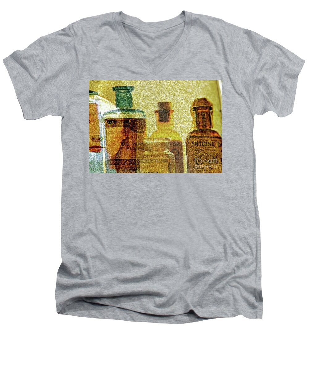 Perfume Bottles Men's V-Neck T-Shirt featuring the photograph The Woman Behind by Michael Cinnamond