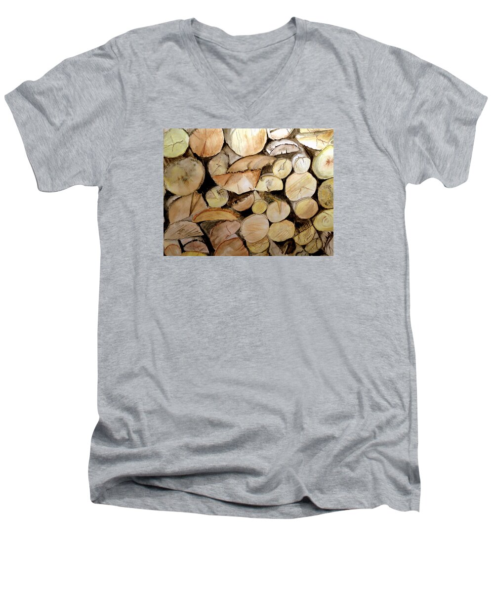 Wood Men's V-Neck T-Shirt featuring the painting The Woodpile by Carol Grimes