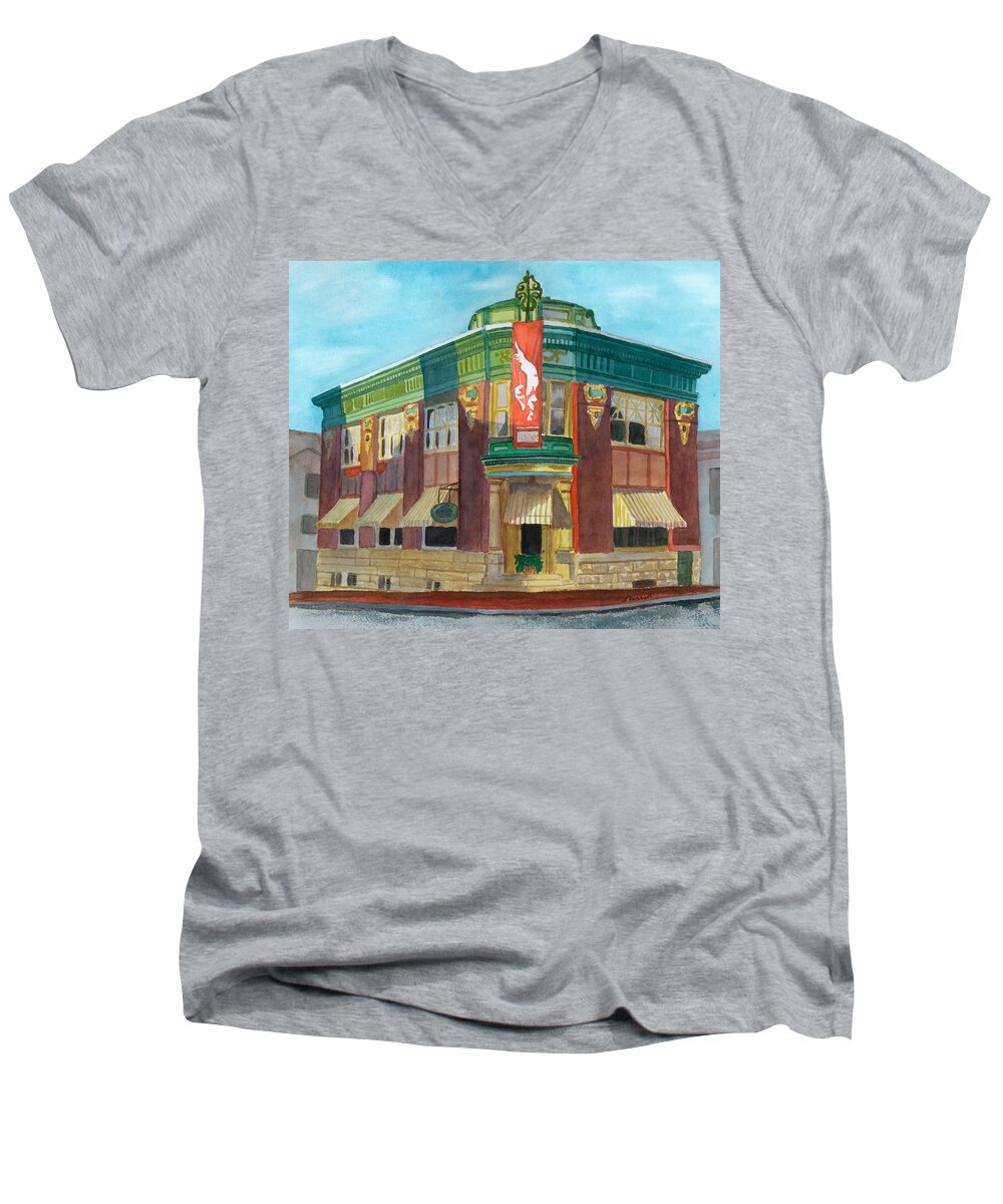 Yellow Brick Bank Restaurant Men's V-Neck T-Shirt featuring the painting The Yellow Brick Bank Restaurant by Lynne Reichhart