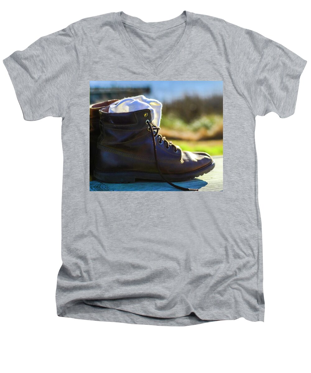 Beach Cottage Life Men's V-Neck T-Shirt featuring the photograph These Shoes by Mary Hahn Ward