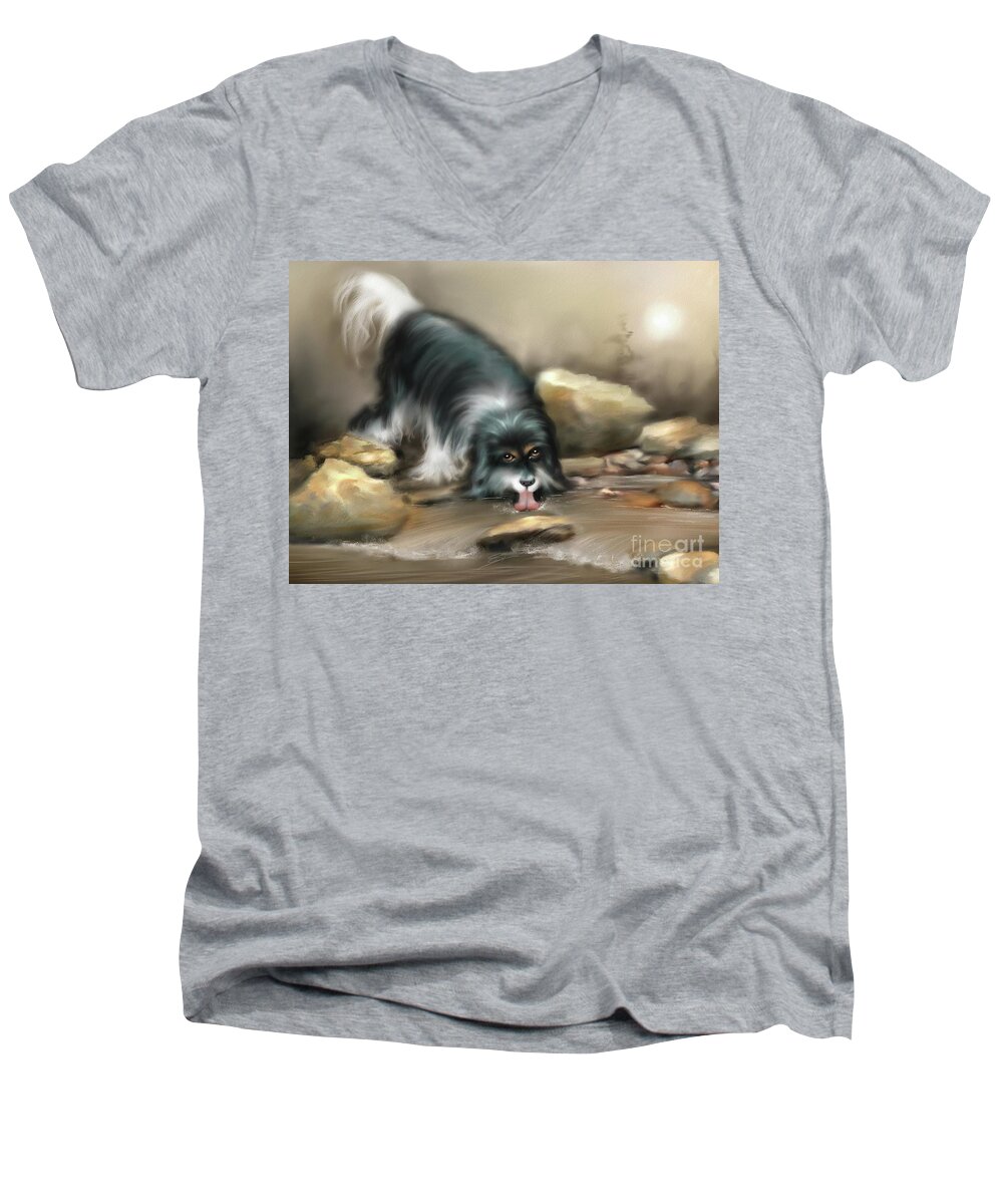 Dog Men's V-Neck T-Shirt featuring the painting Thirsty by Artificium -
