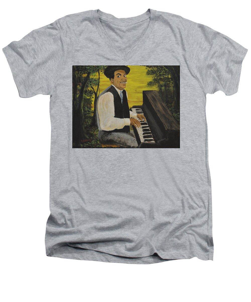 Fats Waller Men's V-Neck T-Shirt featuring the painting Thomas Fats Waller by Rod B Rainey