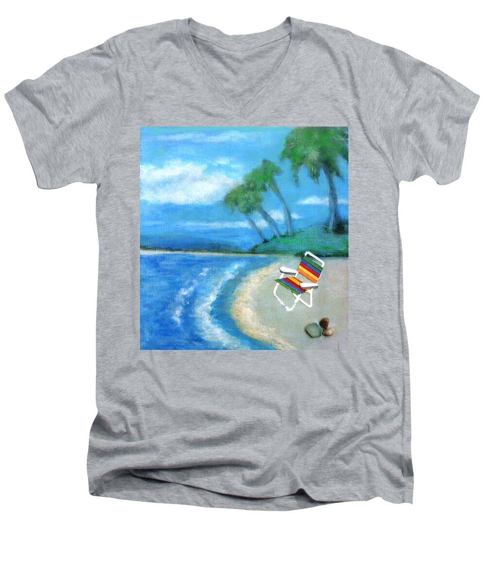 Beach Men's V-Neck T-Shirt featuring the painting Three Beaches B by Mary Ann Leitch