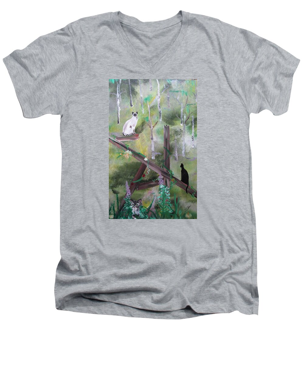 Siamese Cat Men's V-Neck T-Shirt featuring the painting Three Cats in the Yard by Susan Voidets