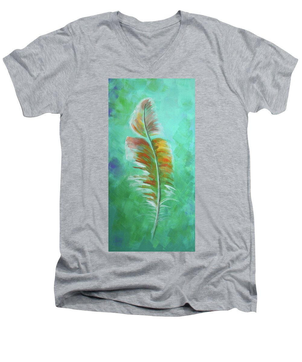 Feather Men's V-Neck T-Shirt featuring the painting Three Feathers triptych-left panel by Agata Lindquist