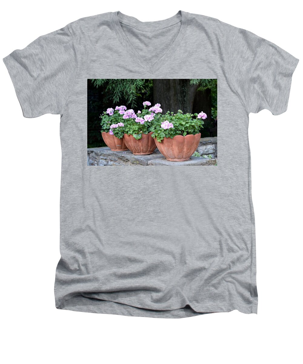Flowers Men's V-Neck T-Shirt featuring the photograph Three Flower Pots by Deborah Crew-Johnson