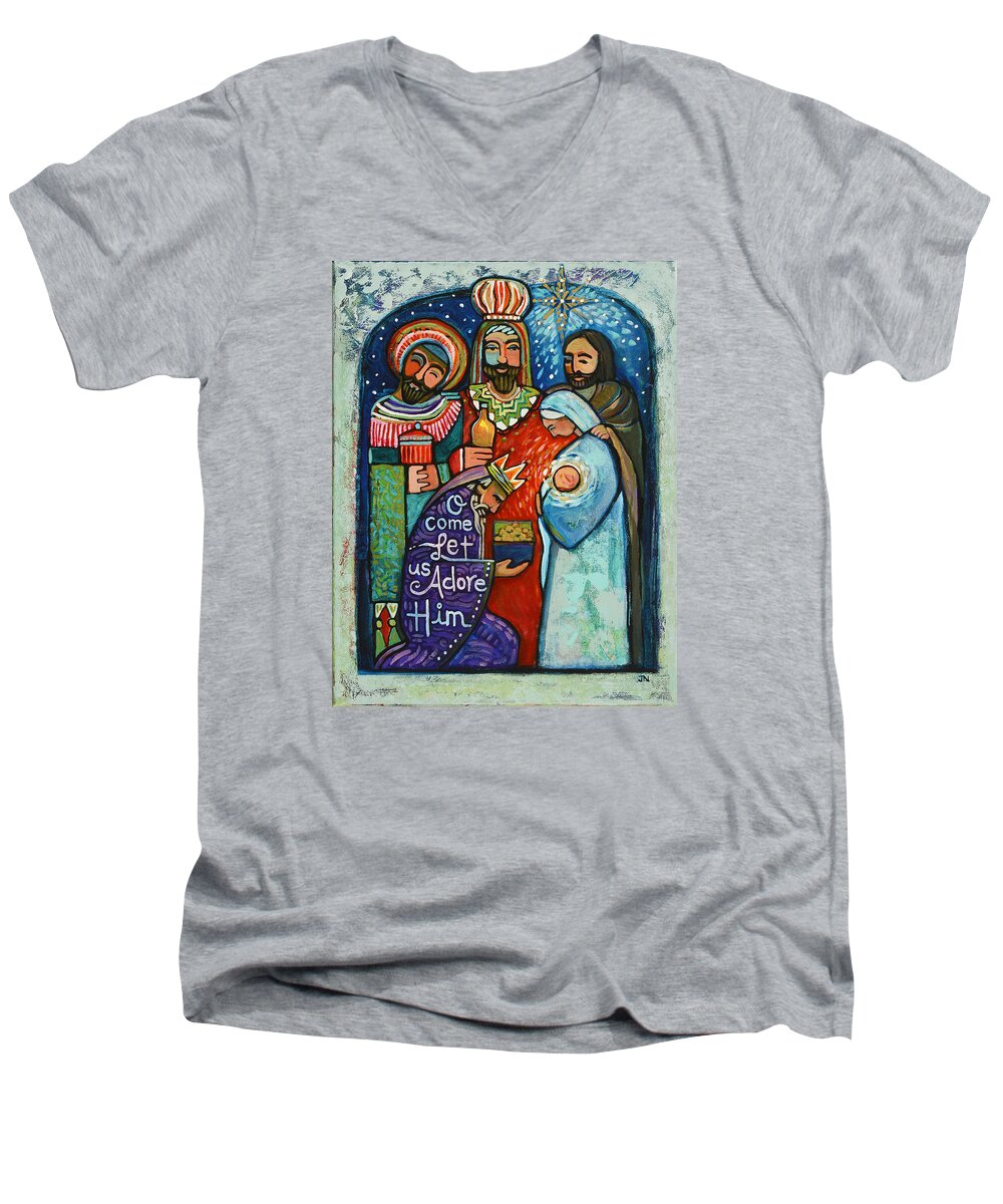 Jen Norton Men's V-Neck T-Shirt featuring the painting Three Kings O Come Let us Adore Him by Jen Norton
