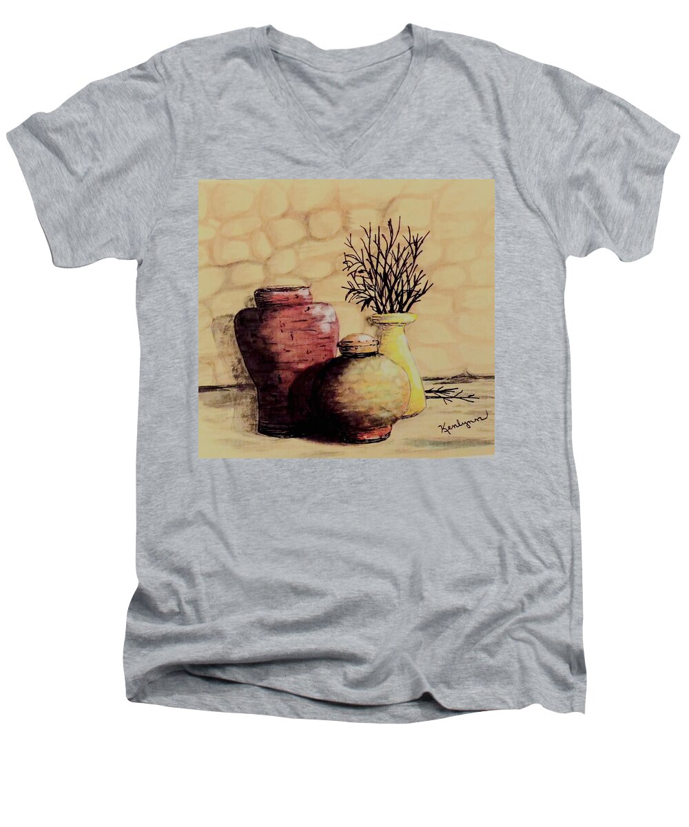 Ceramic Men's V-Neck T-Shirt featuring the painting Three Pots and Twigs by Kenlynn Schroeder