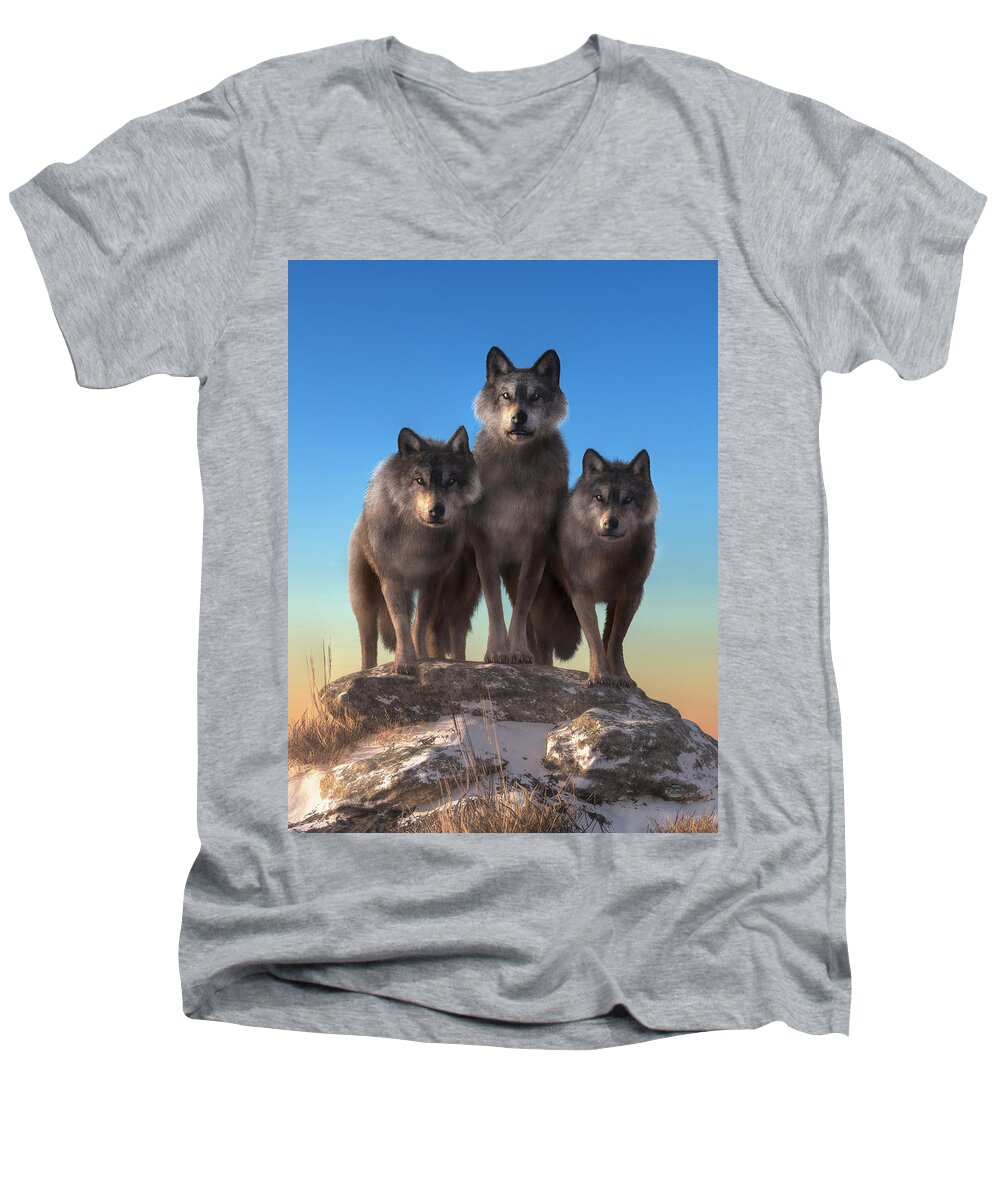 Staring Contest Men's V-Neck T-Shirt featuring the digital art Three Wolves Watching You by Daniel Eskridge