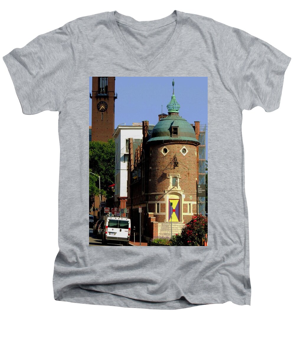 Building With Face Men's V-Neck T-Shirt featuring the photograph Time to Face The Harvard Lampoon by Vincent Green