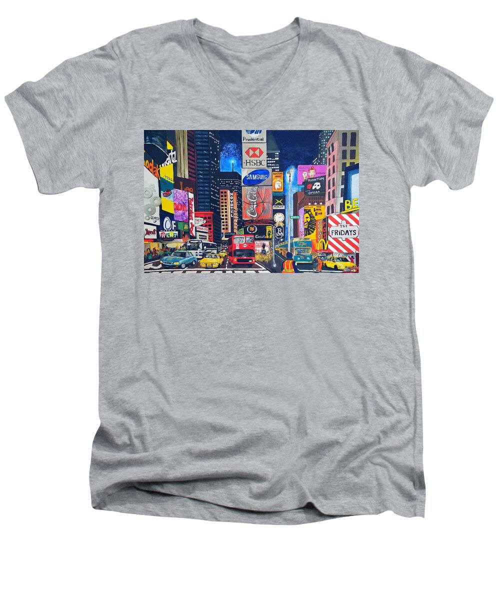 Nyc Men's V-Neck T-Shirt featuring the mixed media Times Square by Autumn Leaves Art