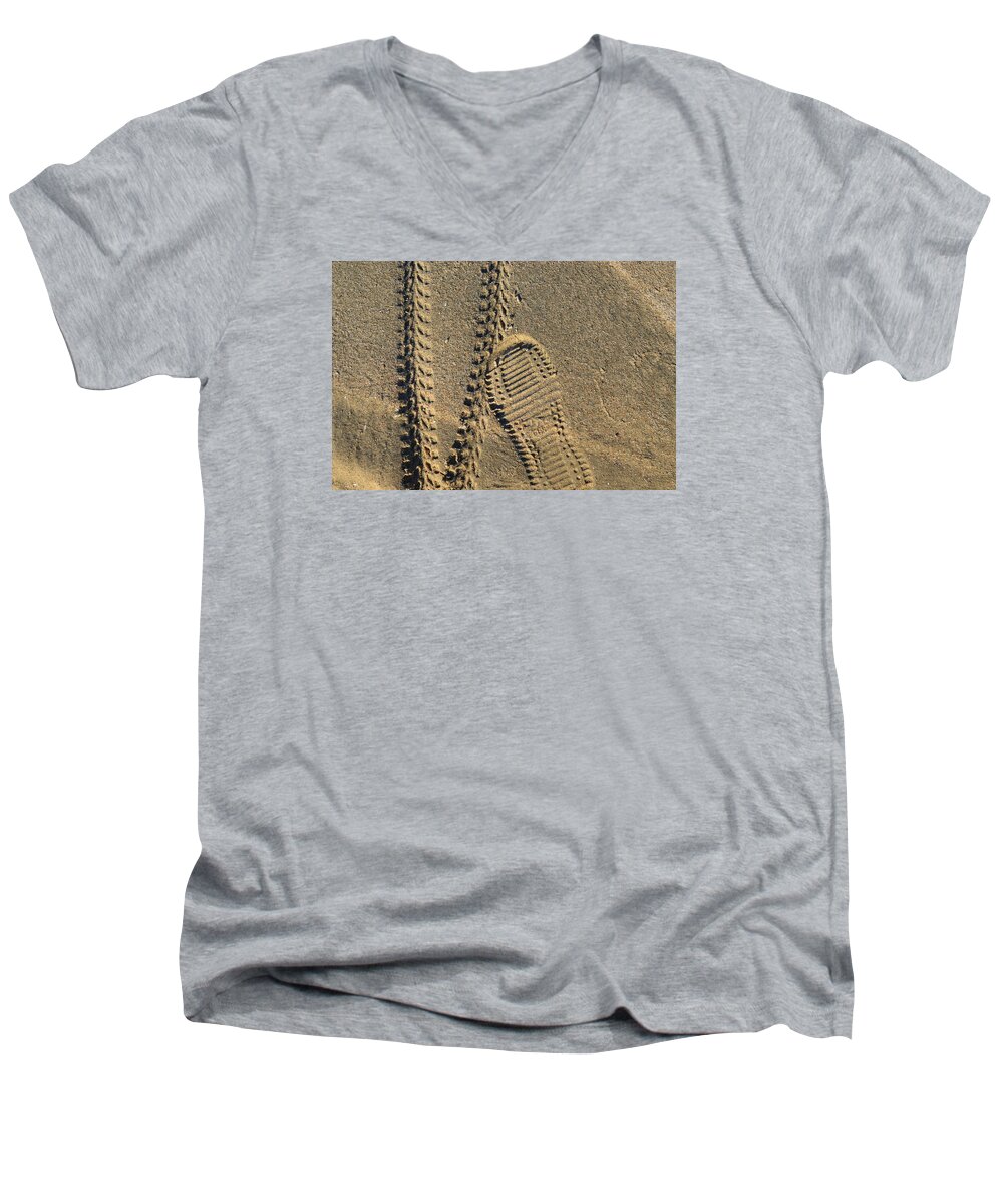 Abstract Men's V-Neck T-Shirt featuring the photograph Tire and Sneaker Tracks by Lyle Crump