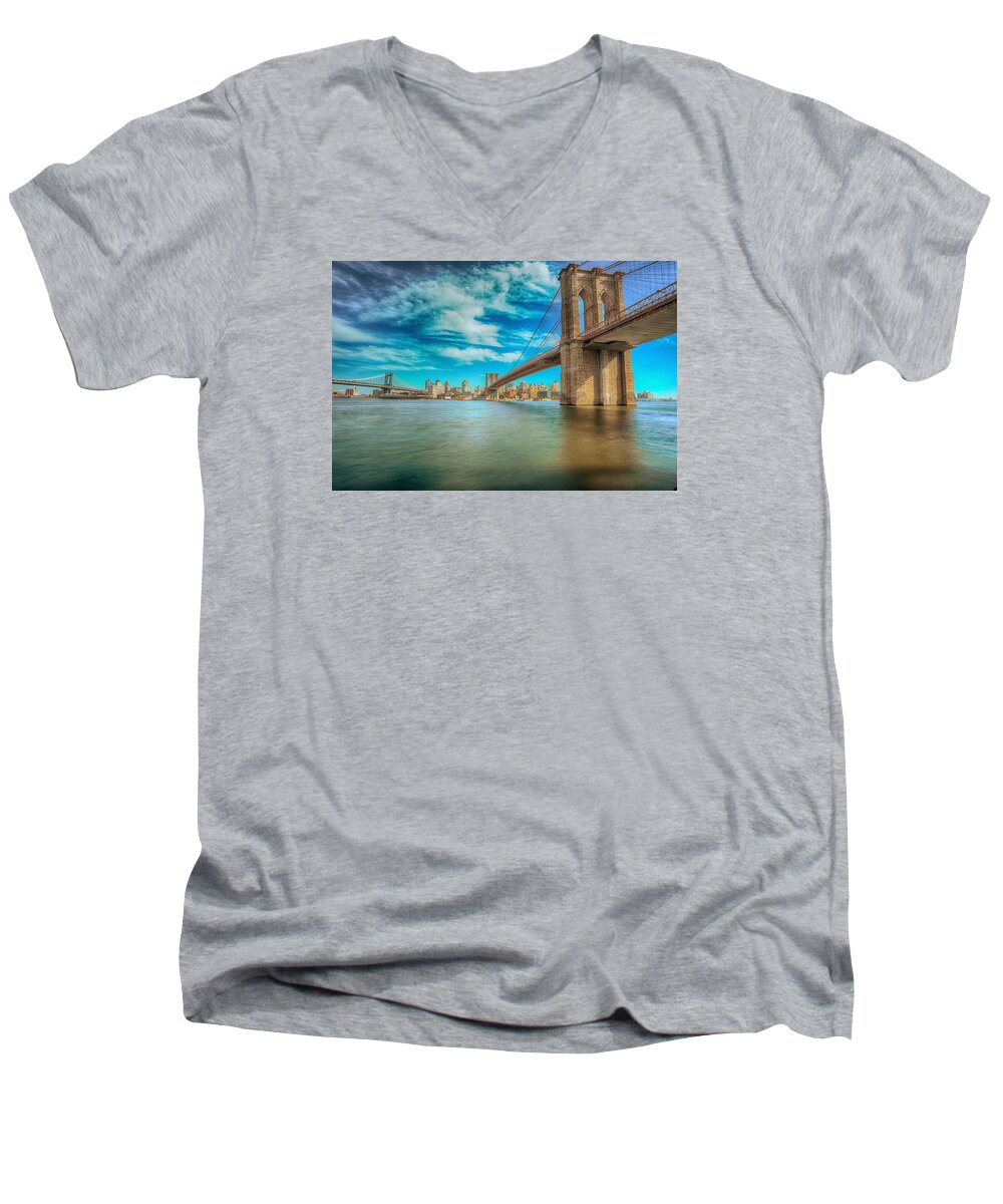 Brooklyn Bridge New York City Landmark History High Dynamic Range Long Slow Shutter Canon 6d Men's V-Neck T-Shirt featuring the photograph To Brooklyn and Back by Paul Watkins