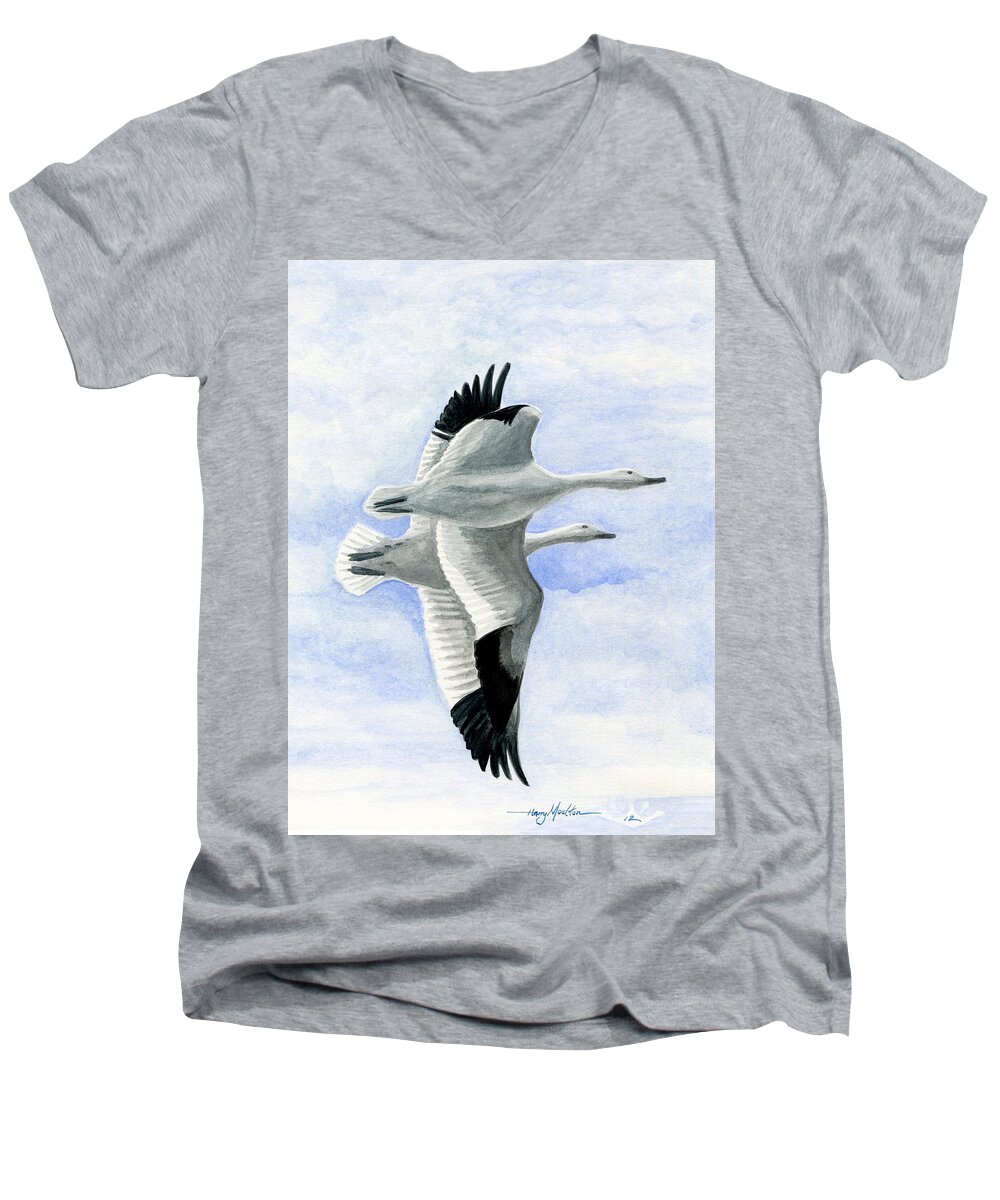Snow Geese Men's V-Neck T-Shirt featuring the painting Together by Harry Moulton
