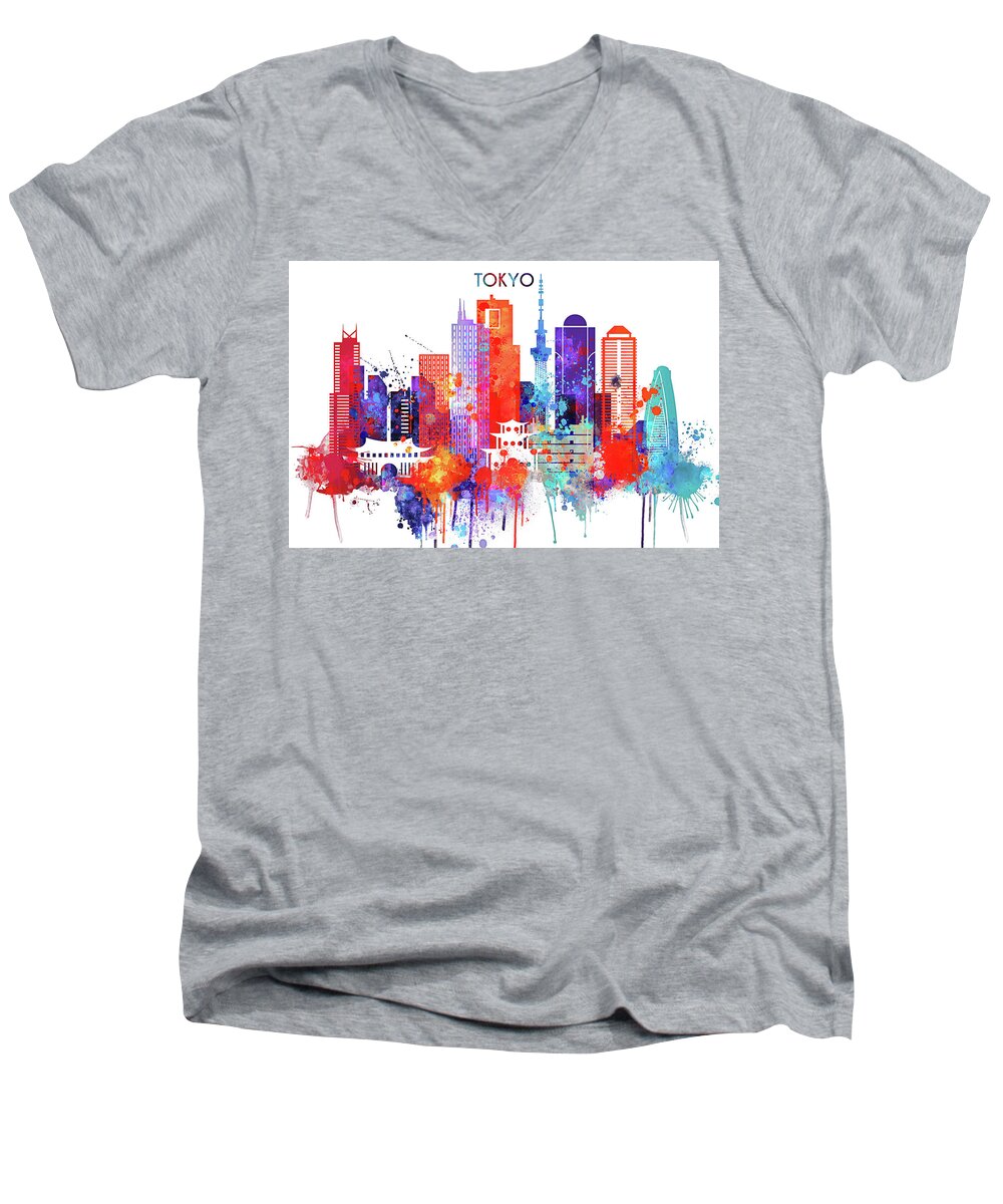 Tokyo Men's V-Neck T-Shirt featuring the painting Tokyo watercolor by Dim Dom
