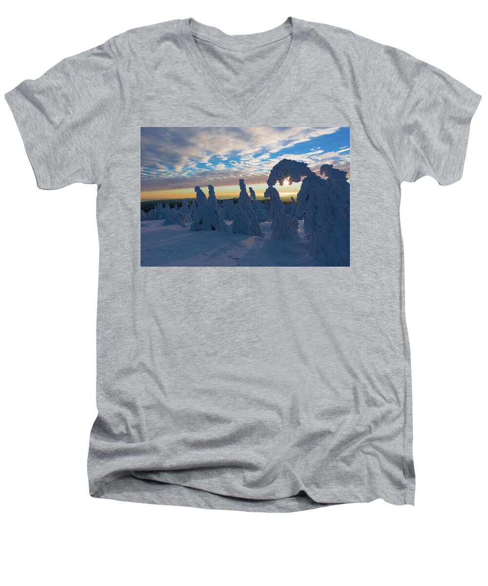 Sunrise Men's V-Neck T-Shirt featuring the photograph Touched From The Winter Sun by Andreas Levi