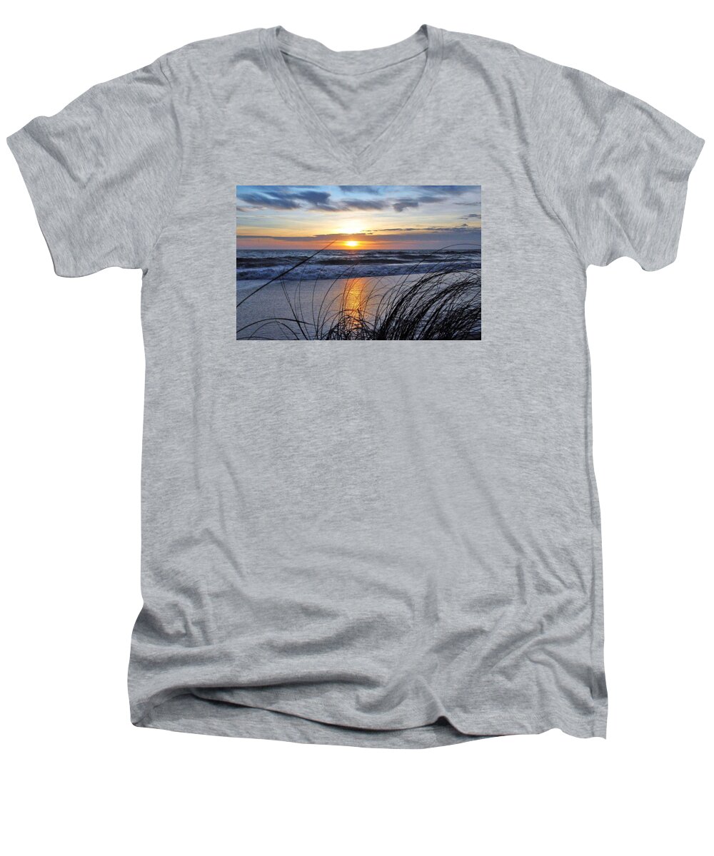 Ocean Men's V-Neck T-Shirt featuring the photograph Touching the Sunset by Kicking Bear Productions