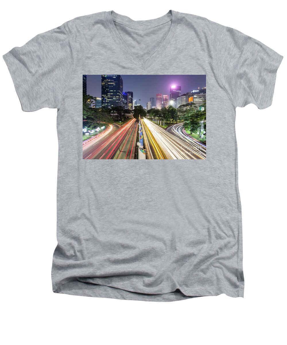 Capital Cities Men's V-Neck T-Shirt featuring the photograph Traffic night rush in Jakarta, Indonesia capital city. by Didier Marti