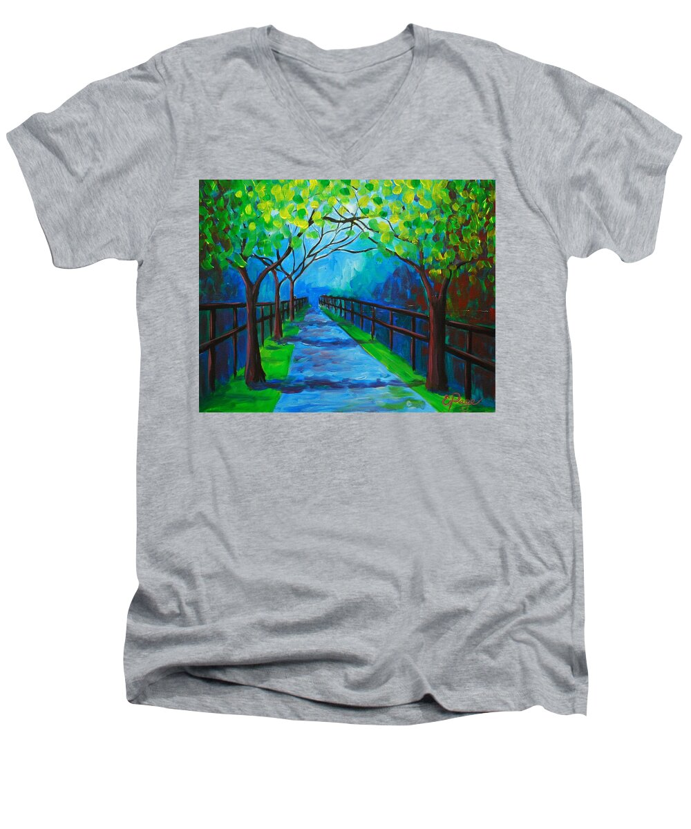 Tree Men's V-Neck T-Shirt featuring the painting Tree Lined Fence by Emily Page