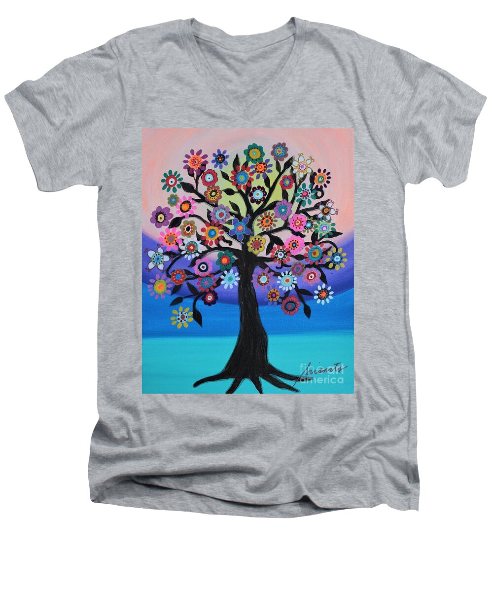 Tree Men's V-Neck T-Shirt featuring the painting Blooming Tree Of Life by Pristine Cartera Turkus