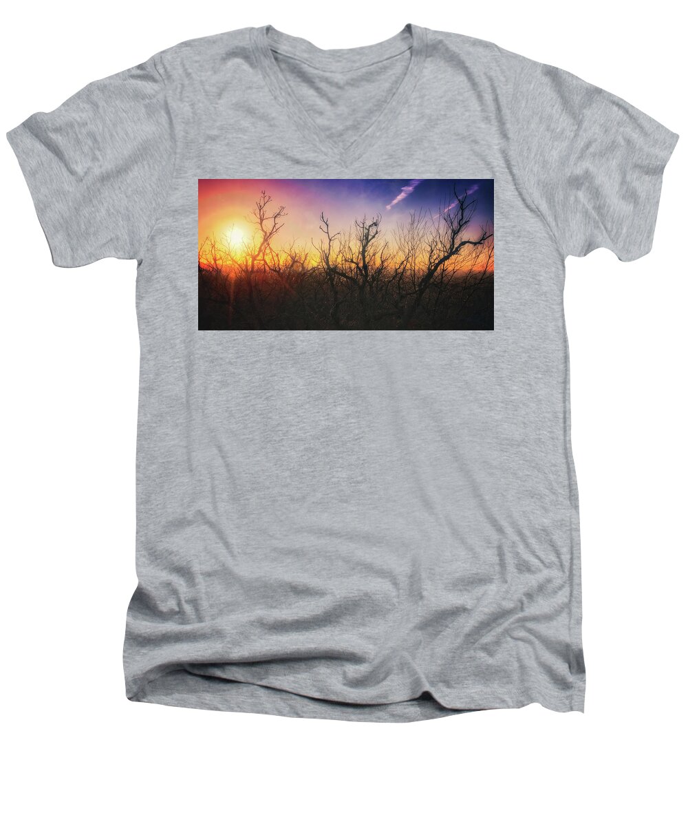 Silhouette Men's V-Neck T-Shirt featuring the photograph Treetop Silhouette - Sunset at Lapham Peak #1 by Jennifer Rondinelli Reilly - Fine Art Photography