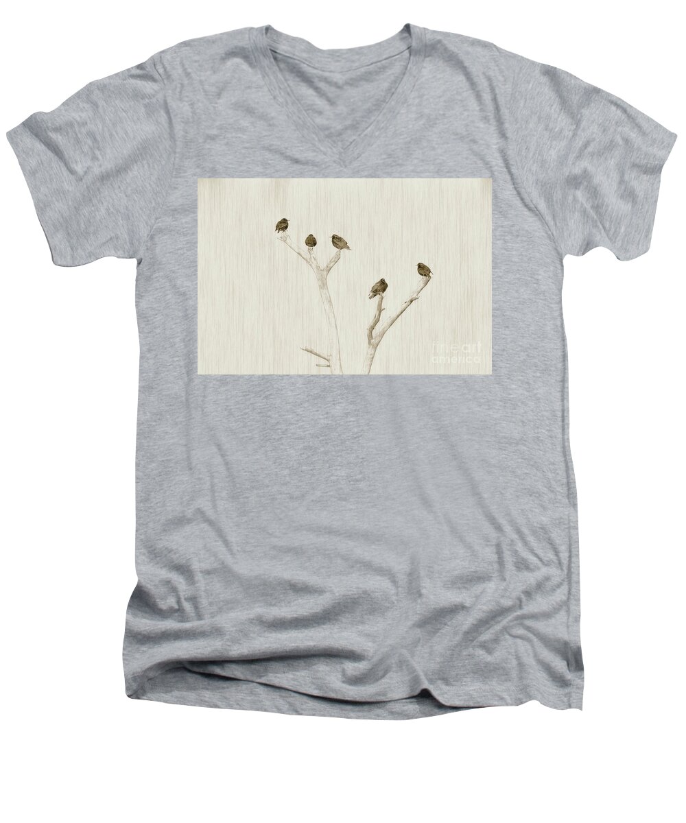 Starling Men's V-Neck T-Shirt featuring the photograph Treetop Starlings by Benanne Stiens