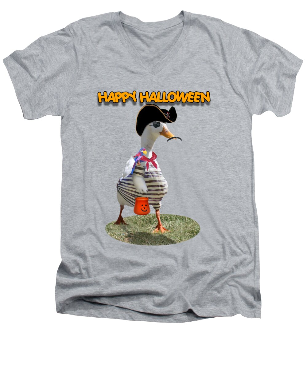 Halloween Men's V-Neck T-Shirt featuring the mixed media Trick or Treat for Cap'n Duck by Gravityx9 Designs