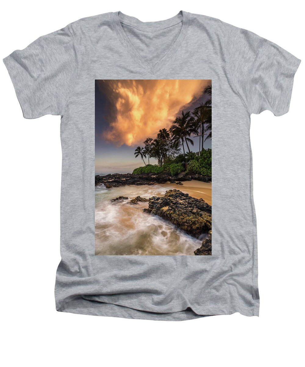 Maui Men's V-Neck T-Shirt featuring the photograph Tropical Nuclear Sunrise by Pierre Leclerc Photography