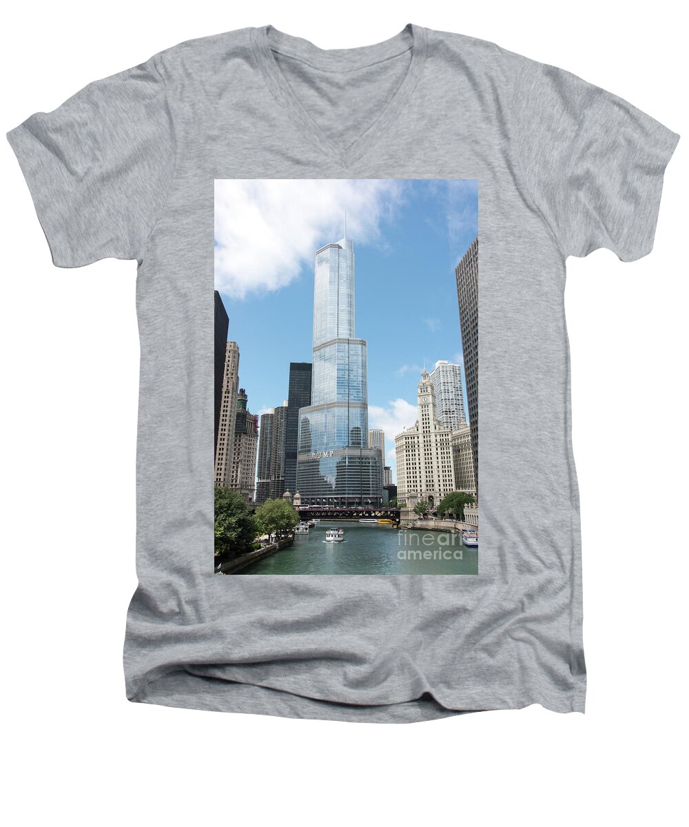 Boats Men's V-Neck T-Shirt featuring the photograph Trump Tower Overlooking the Chicago River by David Levin