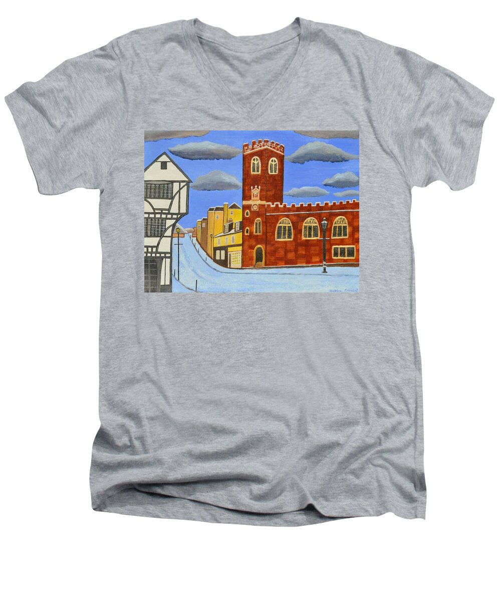 Tudor Building Church Painting Acrylic Print History England Birthday Mum Dad Sister History Exeter Architecture Men's V-Neck T-Shirt featuring the painting Tudor House in Exeter by Magdalena Frohnsdorff