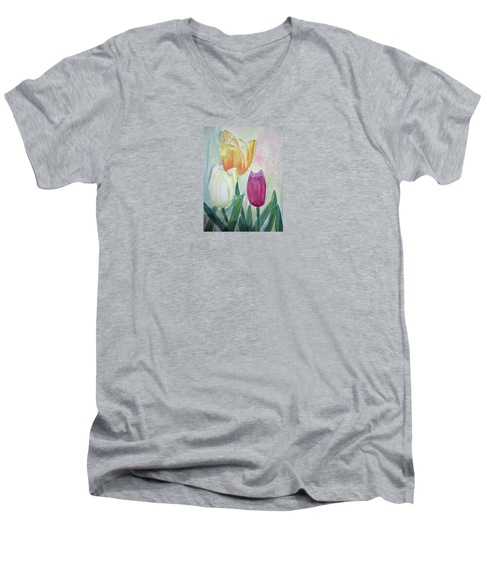 Floral Men's V-Neck T-Shirt featuring the painting Tulips by Elvira Ingram