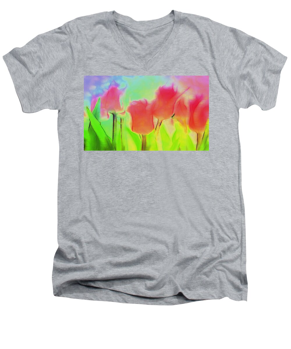 Tulips Men's V-Neck T-Shirt featuring the digital art Tulips in Abstract 2 by Cathy Anderson