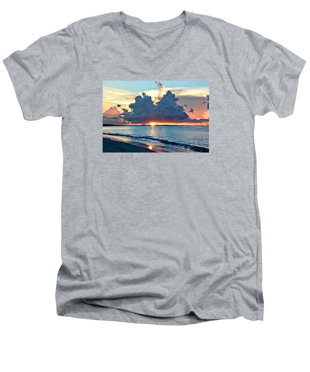 Sunset Men's V-Neck T-Shirt featuring the photograph Turks and Caicos Grace Bay Beach Sunset by Amy McDaniel