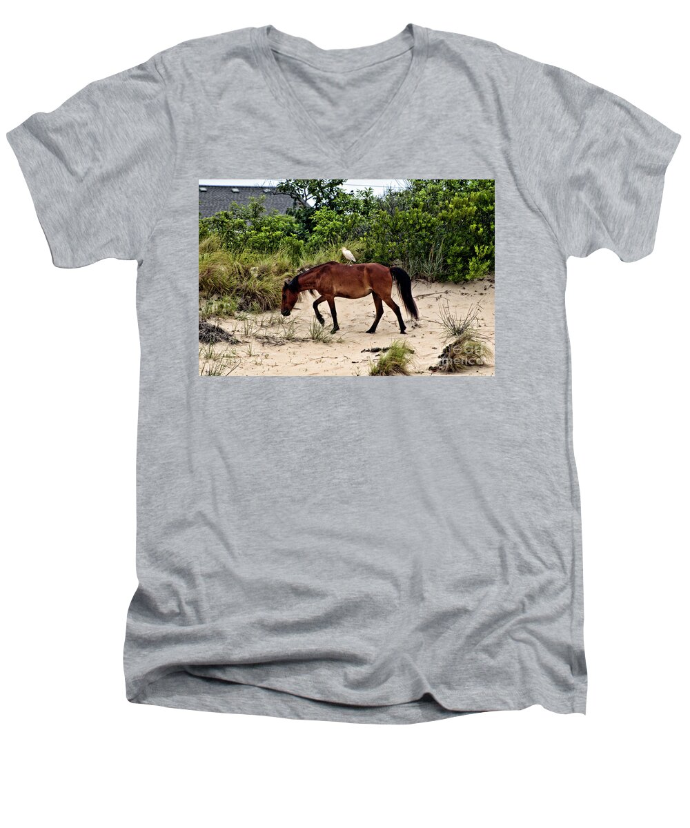 Horses Men's V-Neck T-Shirt featuring the photograph Turn Right at the Next Bush by Edward Sobuta