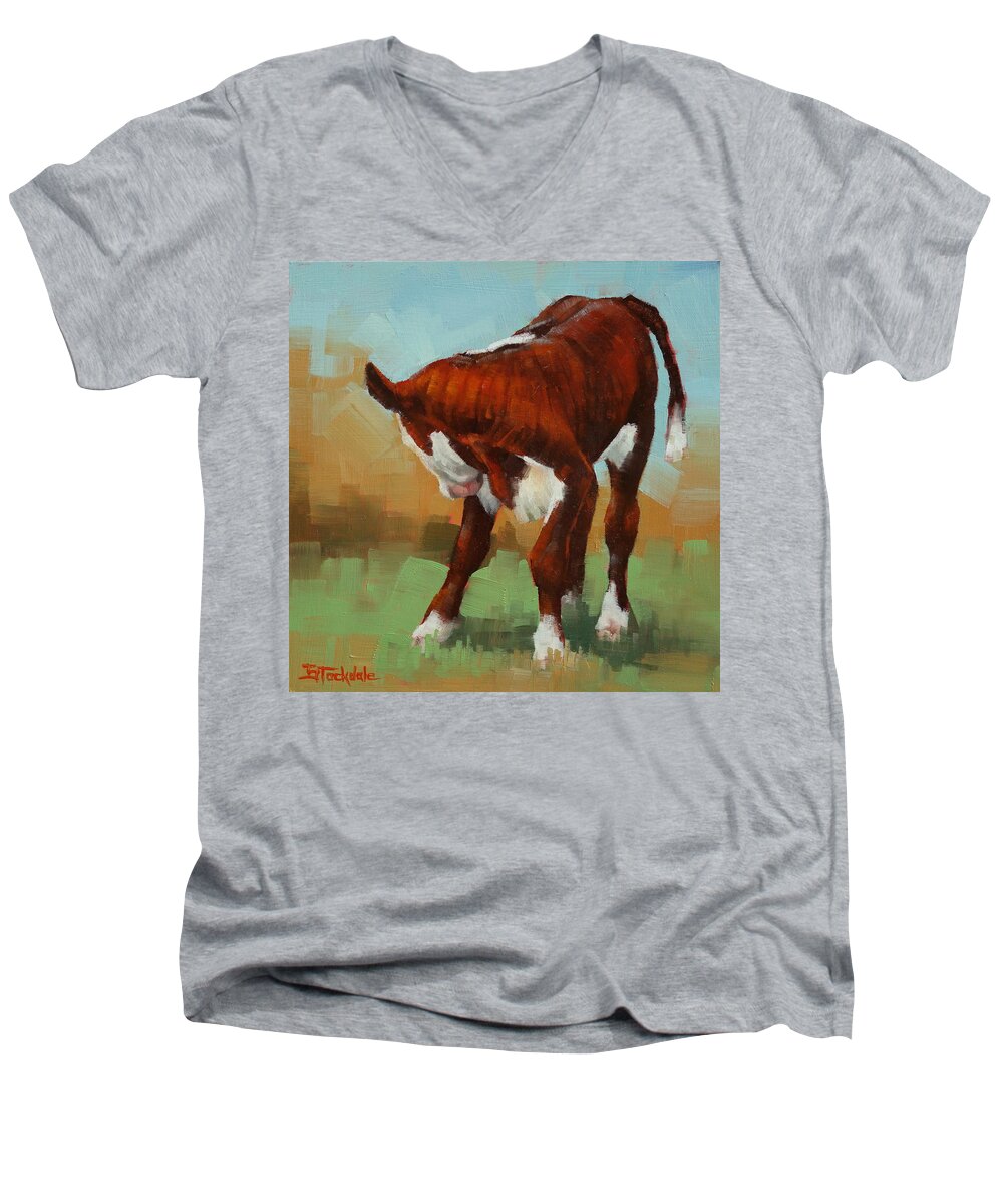 Calf Men's V-Neck T-Shirt featuring the painting Turning Calf by Margaret Stockdale